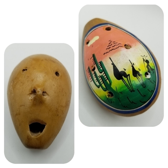 Ocarina Wind Flute Hand Crafted Clay Folk Art Pottery Peruvian Whistle Face - Picture 1 of 6